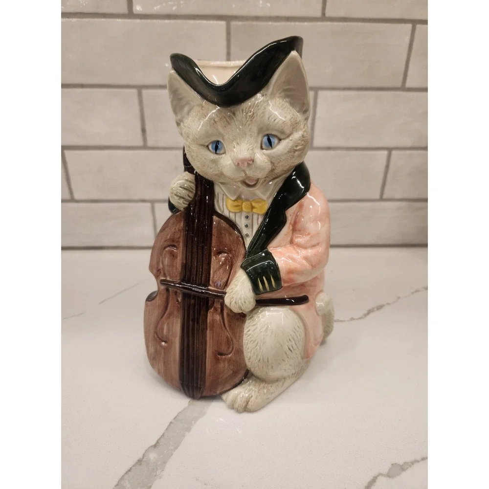 Vintage Fitz & Floyd Ceramic Pitcher Hand Painted Cat Playing Cello 1986